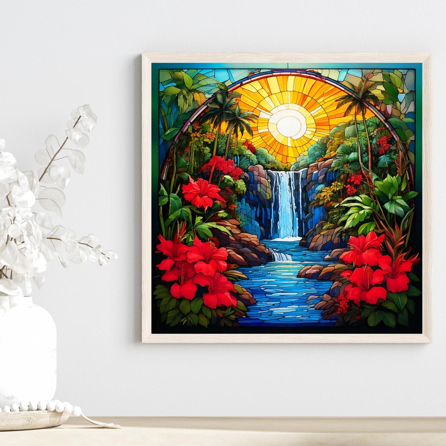 Coastal Art Ceramic Tile, Art Nouveau Tropical Waterfall Print with Colorful Red Flowers, Stained Glass Effect Nature Artwork