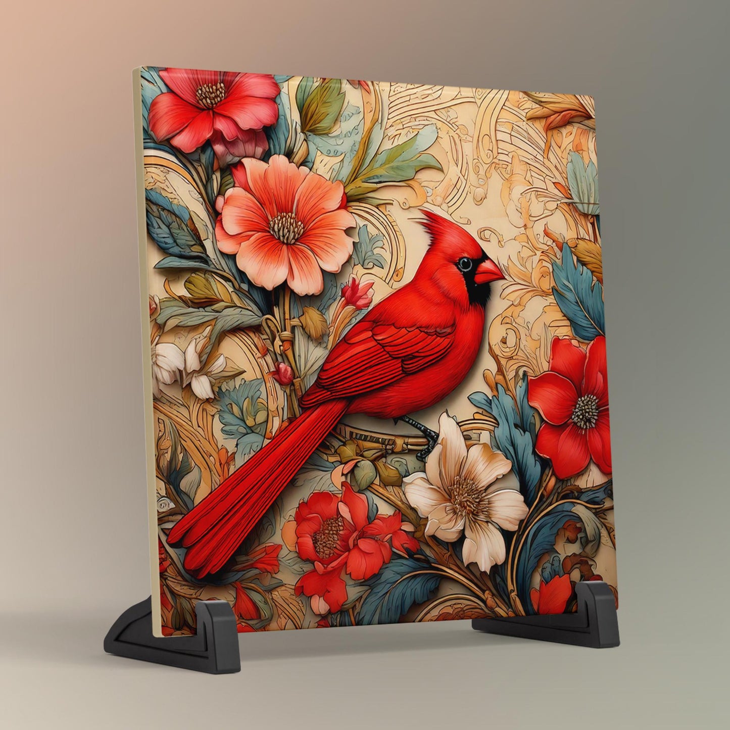 Elegant Red Cardinal Ceramic Art Tile Inspired by William Morris | Art Nouveau Wall Decor | Classic Style | Perfect Gift for Bird Lover