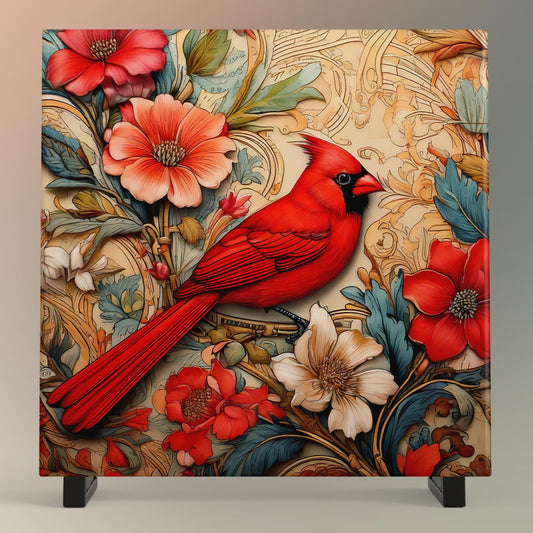 Elegant Red Cardinal Ceramic Art Tile Inspired by William Morris | Art Nouveau Wall Decor | Classic Style | Perfect Gift for Bird Lover