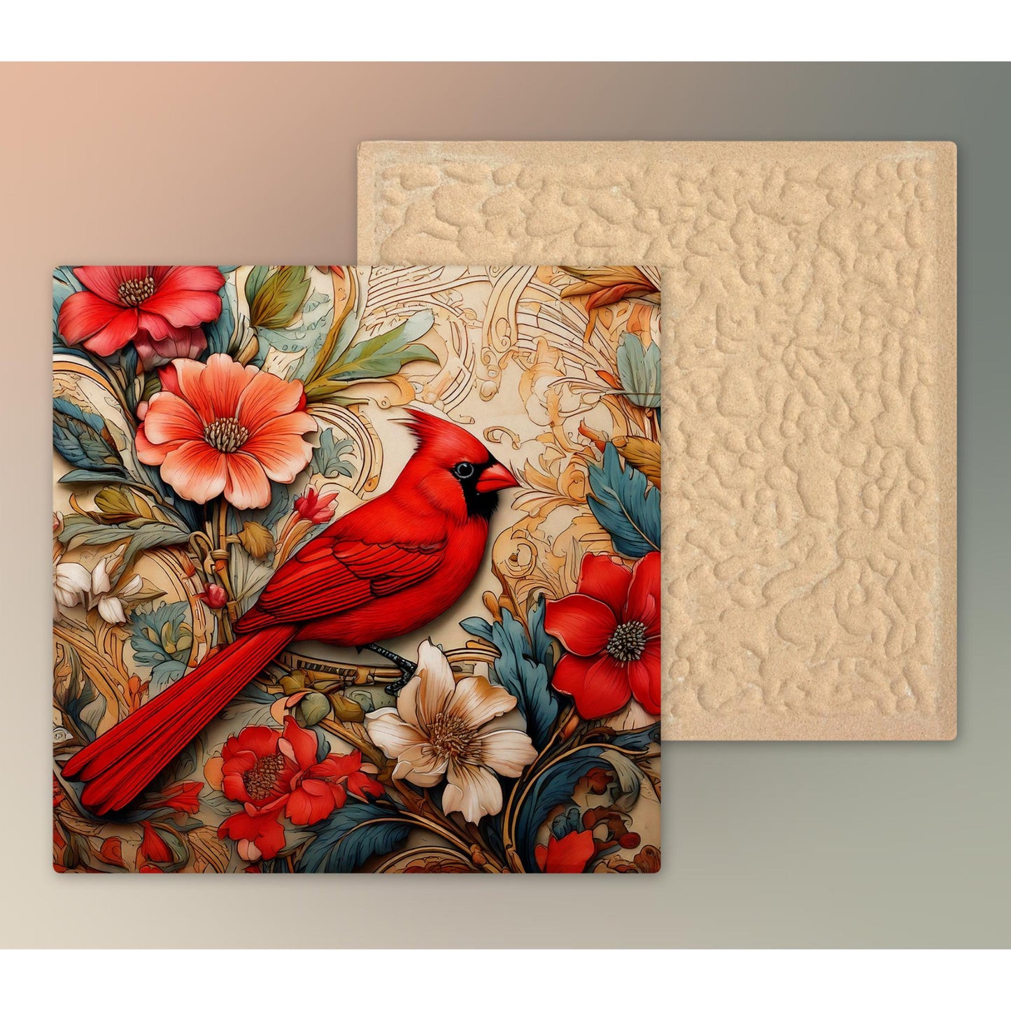 Elegant Red Cardinal Ceramic Art Tile Inspired by William Morris | Art Nouveau Wall Decor | Classic Style | Perfect Gift for Bird Lover