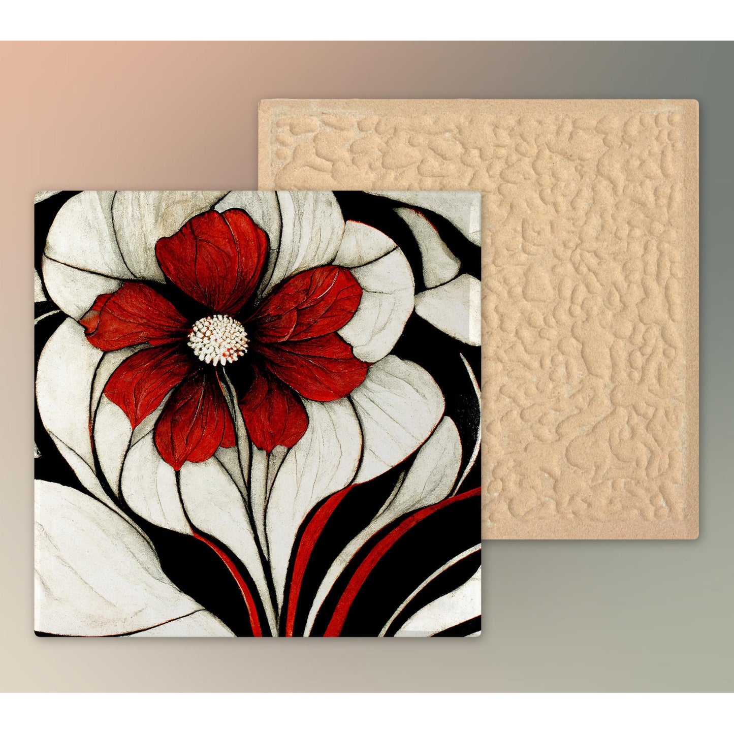 Tropical Flower Art Nouveau Tile, Beautiful Black and Red Art Deco Home Decor, Unique Gift for Art Lovers