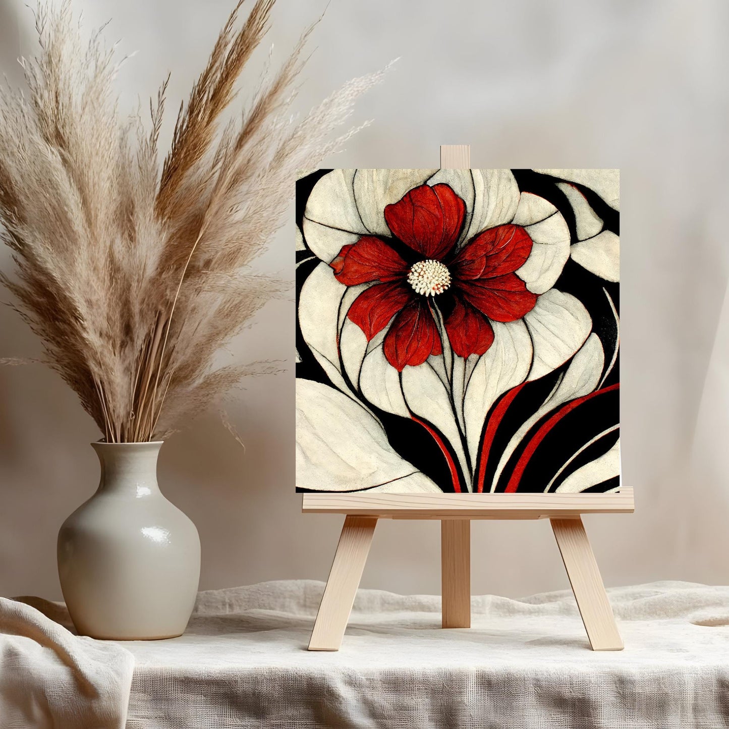 Tropical Flower Art Nouveau Tile, Beautiful Black and Red Art Deco Home Decor, Unique Gift for Art Lovers