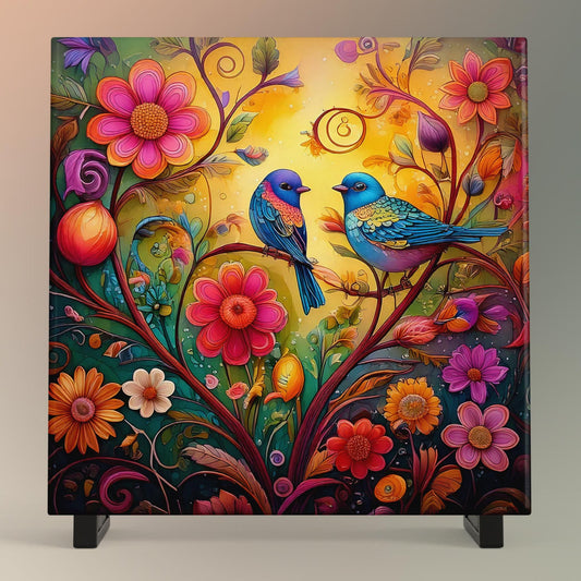 Colorful Birds and Flowers Ceramic Tile, Whimsical Wildlife Decor for Bird Lovers, Nature-Inspired Wall Art, Spring Decor