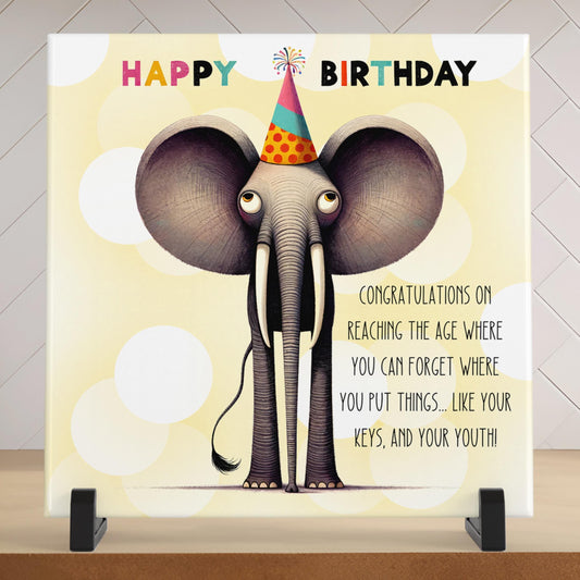 Quirky Elephant Ceramic Tile Birthday Greeting | Happy Birthday Friend Gift | Funny Elephant Birthday Art | Birthday Gift | Quirky Artwork