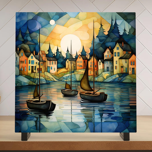 Waterfront Sailing Ceramic Tile Art, Charming Sailboat Design for Coastal Wall Art, Nautical Home Decor