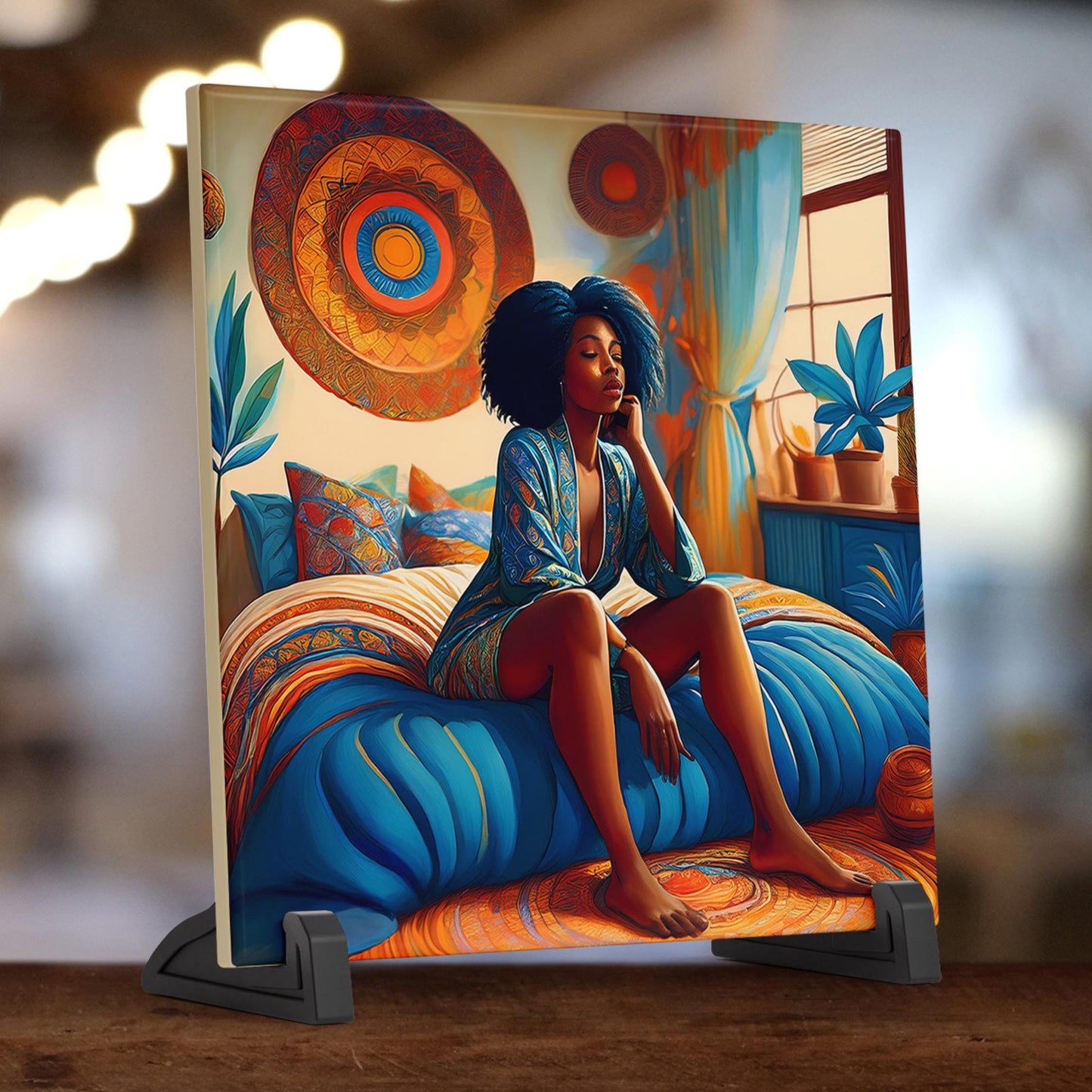 Black Woman in a Cozy Bedroom Tile | African American Art | Vibrant Home Decor & Black Girl Magic | Self Love Decor