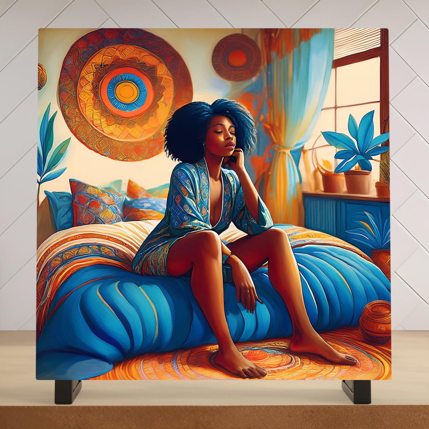 Black Woman in a Cozy Bedroom Tile | African American Art | Vibrant Home Decor & Black Girl Magic | Self Love Decor