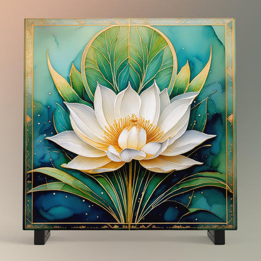 White Lotus Flower Ceramic Tile Art, Elegant Flower Wall Decor for Yoga & Meditation, Spiritual Mindfulness Gift