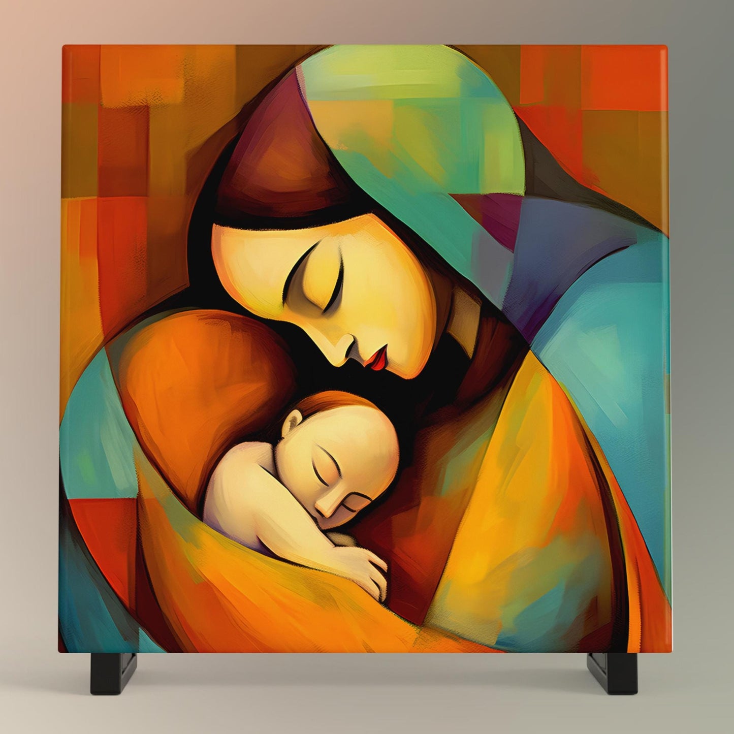Madonna and Child Ceramic Tile Art, Picasso Style Modern Art Print,  Spiritual Home Decor,  Mother's Day Gift, Virgin Mary Art, Catholic Art