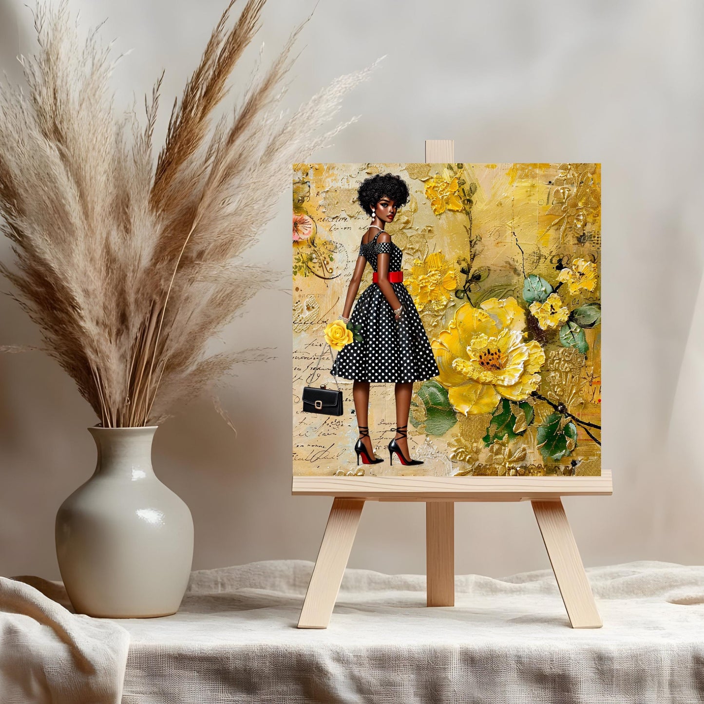 Black Woman Art Ceramic Tile - African American Wall Art - Abstract Floral Print - Black Girl Art - Yellow Floral Decor -  African Art