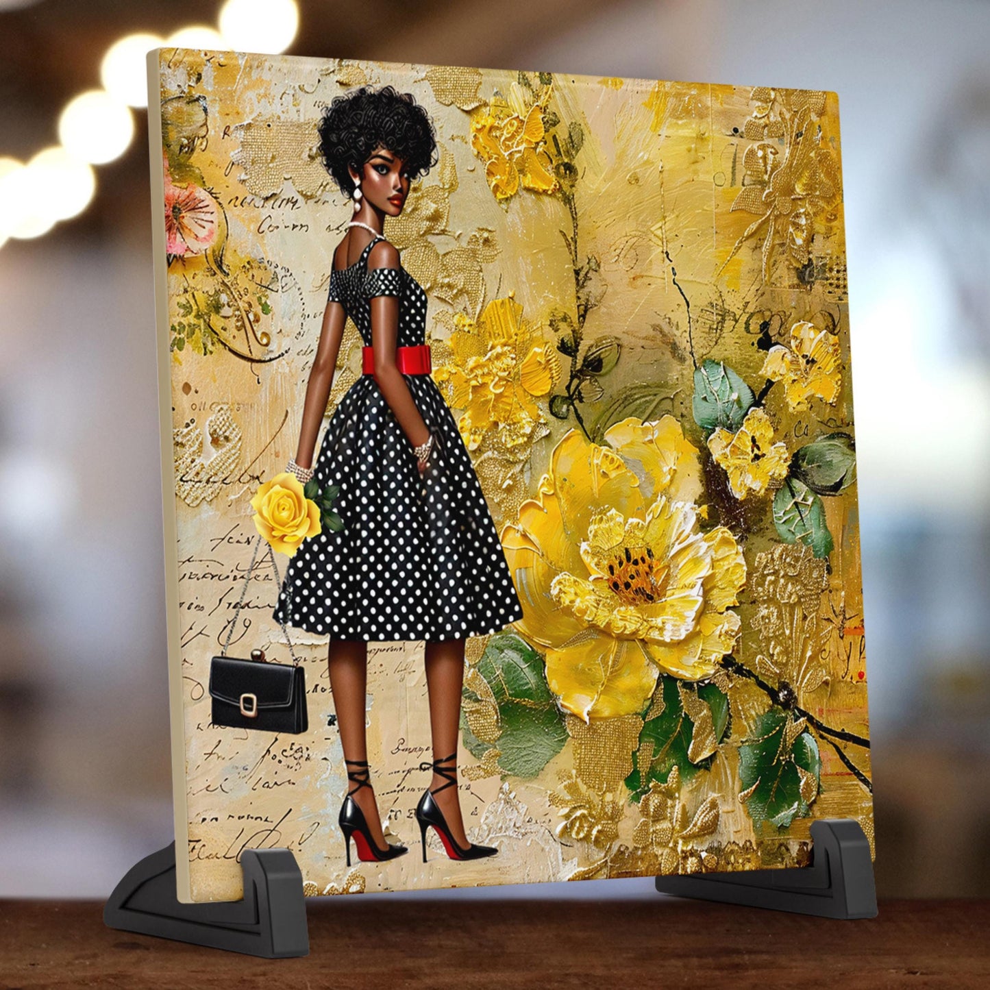Black Woman Art Ceramic Tile - African American Wall Art - Abstract Floral Print - Black Girl Art - Yellow Floral Decor -  African Art