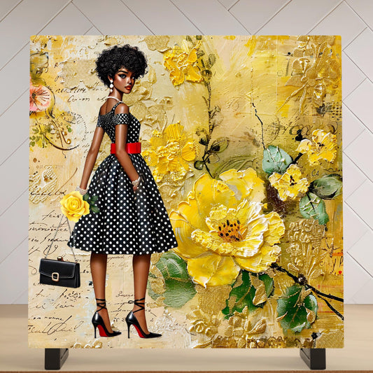 Black Woman Art Ceramic Tile - African American Wall Art - Abstract Floral Print - Black Girl Art - Yellow Floral Decor -  African Art