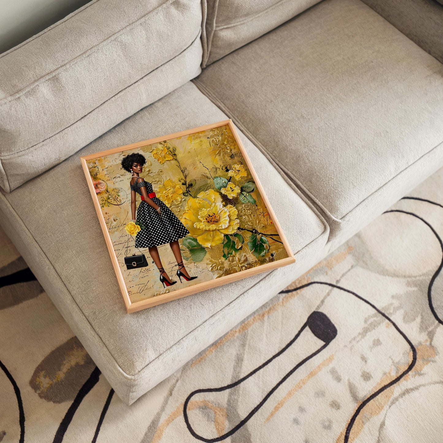 Black Woman Art Ceramic Tile - African American Wall Art - Abstract Floral Print - Black Girl Art - Yellow Floral Decor -  African Art