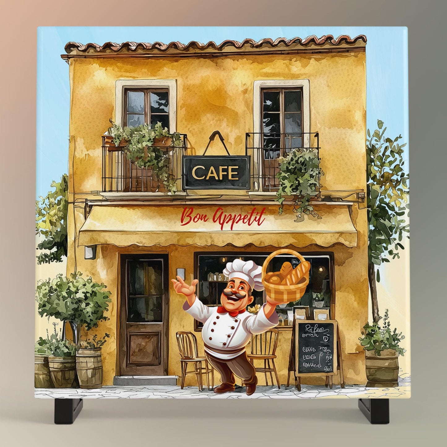 Bon Appetite Cafe Art Tile, Stylish Outdoor Cafe Decor, Unique Kitchen Gift for Food Lovers and Chefs