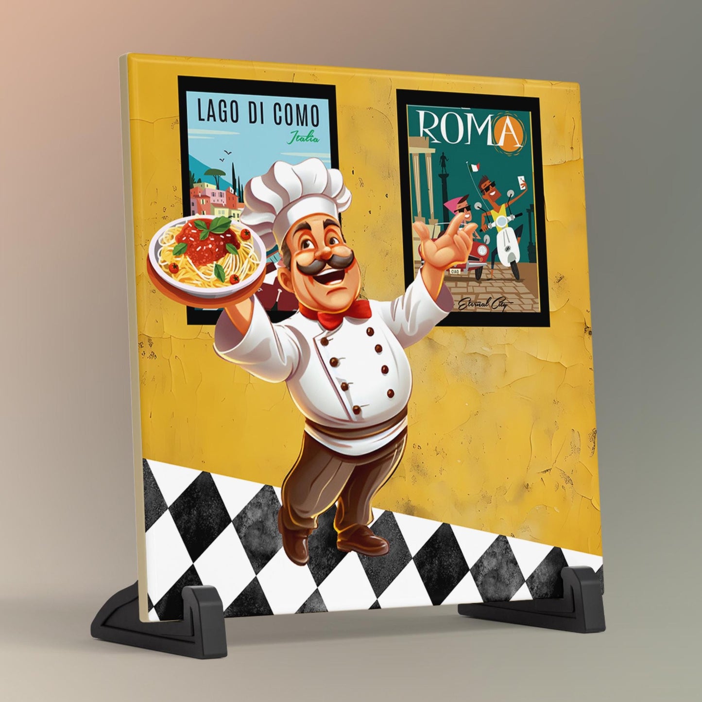 Italian Food Art Ceramic Tile, Pasta Print Wall Decor for Chefs, Unique Kitchen Gift for Food Lovers