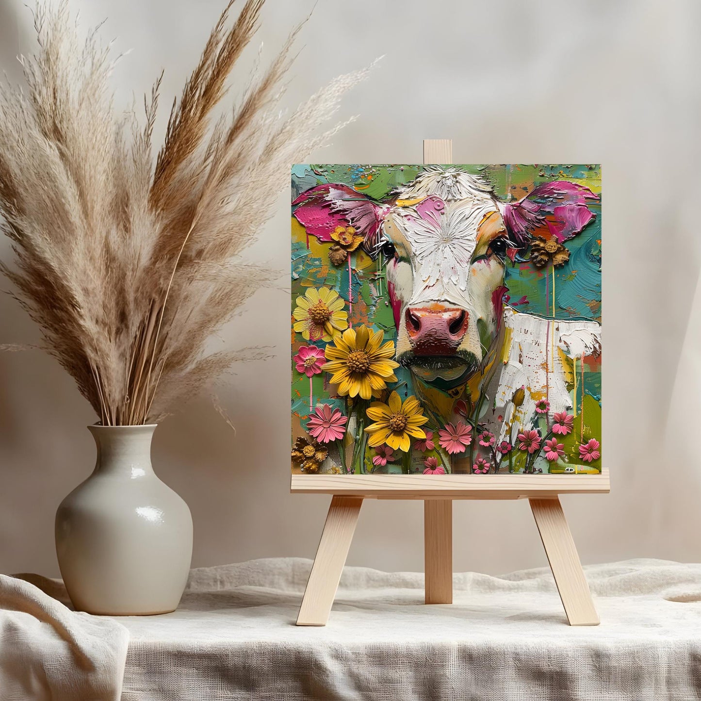 Whimsical Cow Ceramic Art on Tile, Folk Art Animal Decor, Farmhouse Style Print