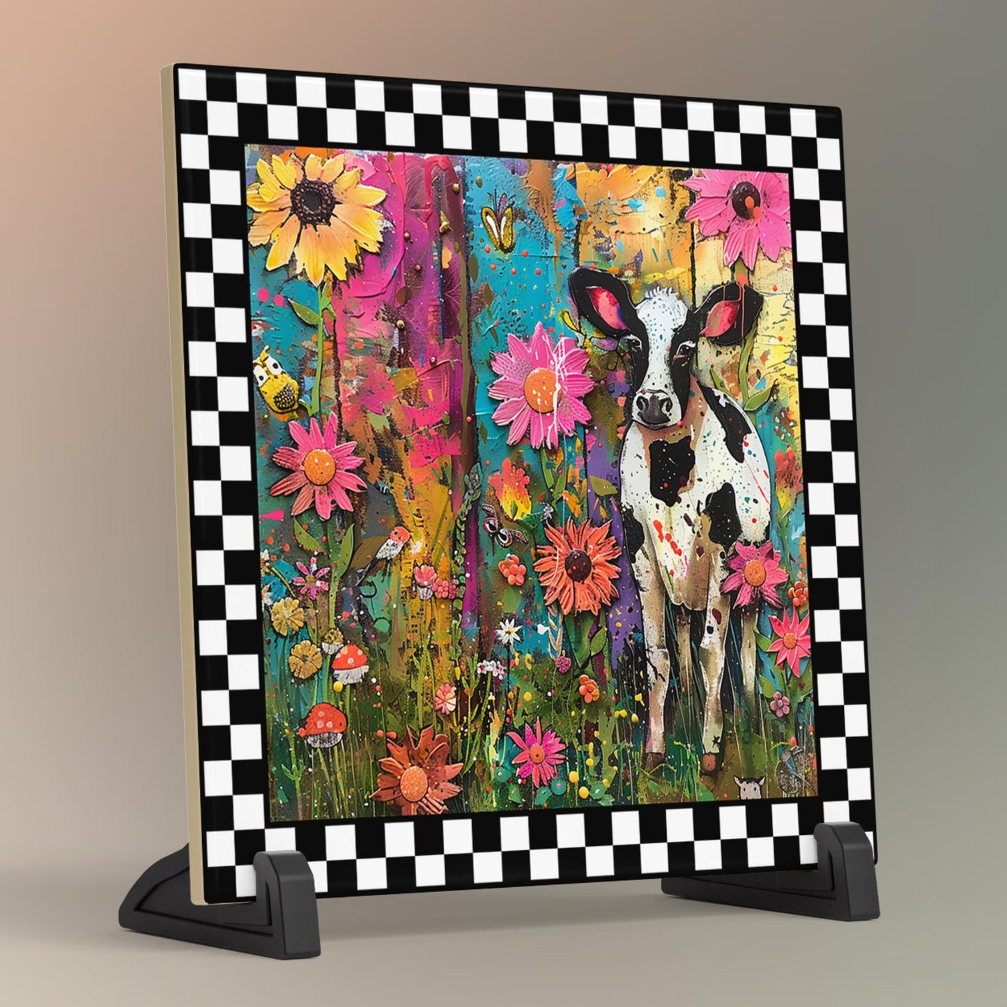 Quirky Black and White Cow Ceramic Art on Tile, Folk Art Animal Decor, Farmhouse Style Print