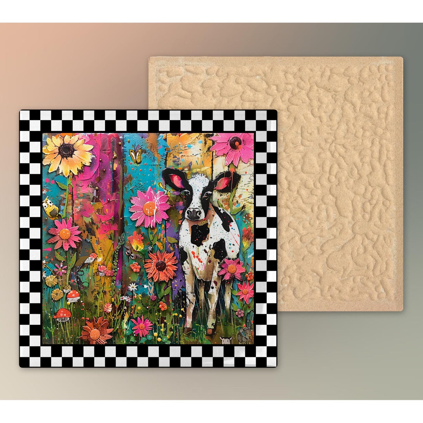 Quirky Black and White Cow Ceramic Art on Tile, Folk Art Animal Decor, Farmhouse Style Print