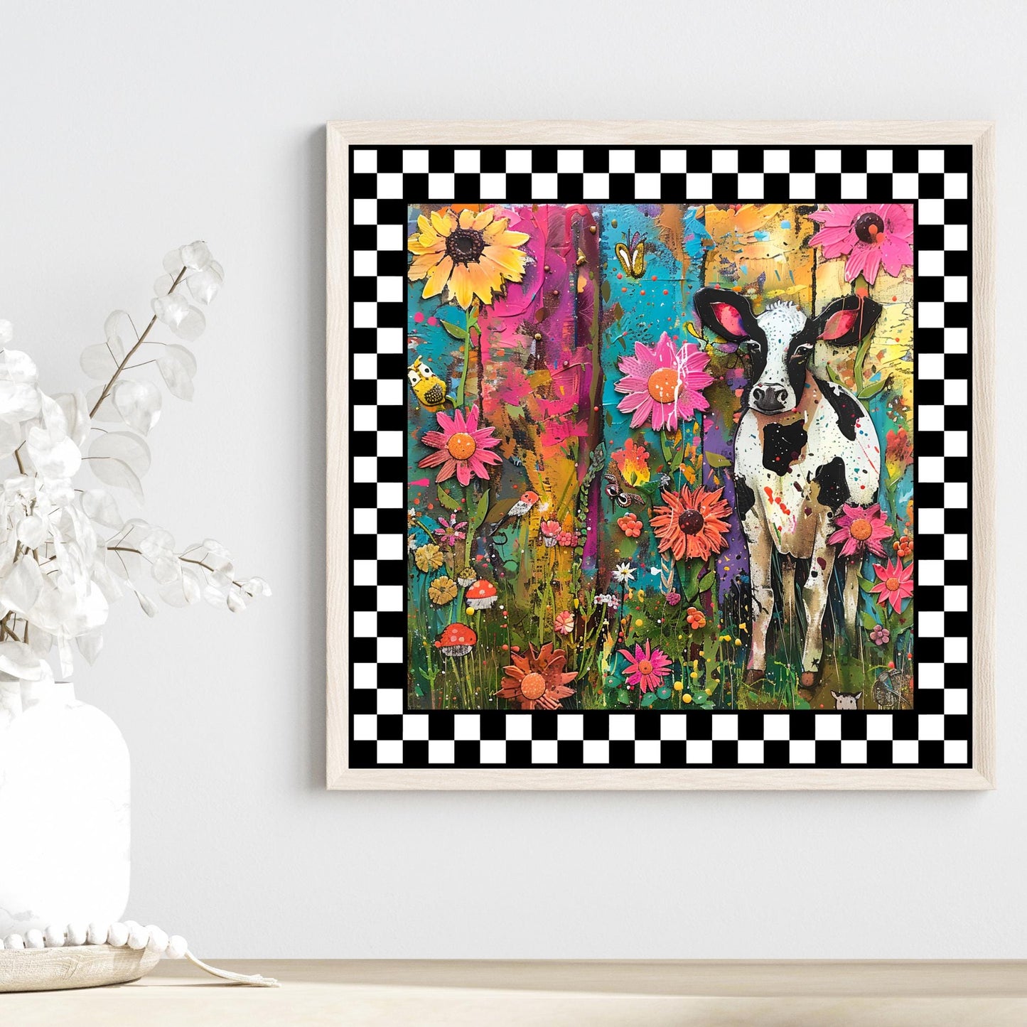 Quirky Black and White Cow Ceramic Art on Tile, Folk Art Animal Decor, Farmhouse Style Print