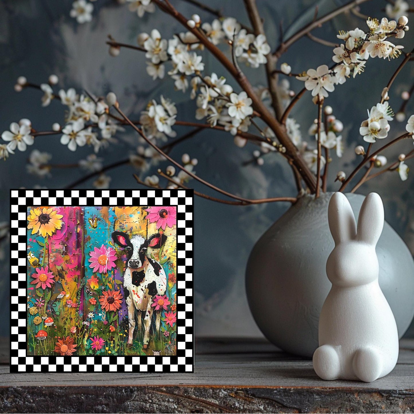 Quirky Black and White Cow Ceramic Art on Tile, Folk Art Animal Decor, Farmhouse Style Print
