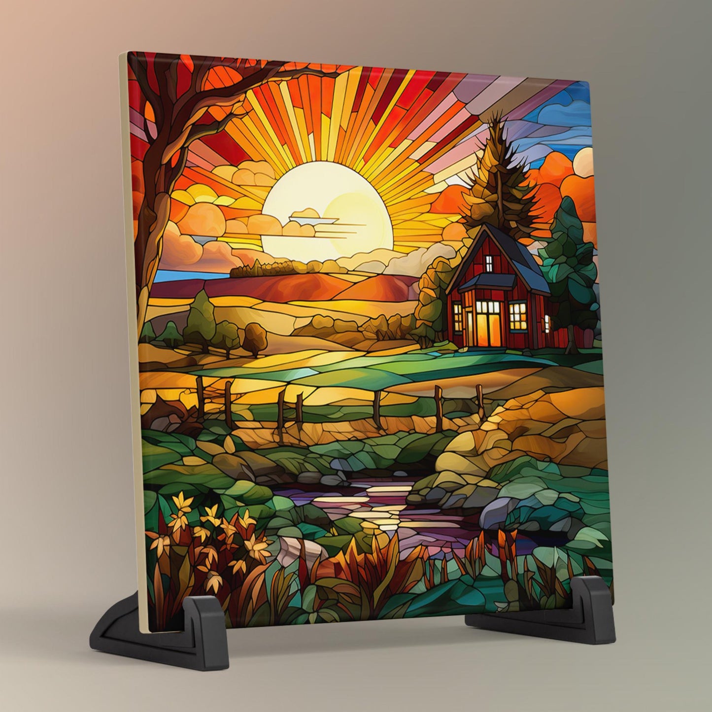 Farmhouse Sunrise Ceramic Tile, Stained Glass Style Wall Art for Unique Home Decor, Nature Inspired Gift for Garden Lovers