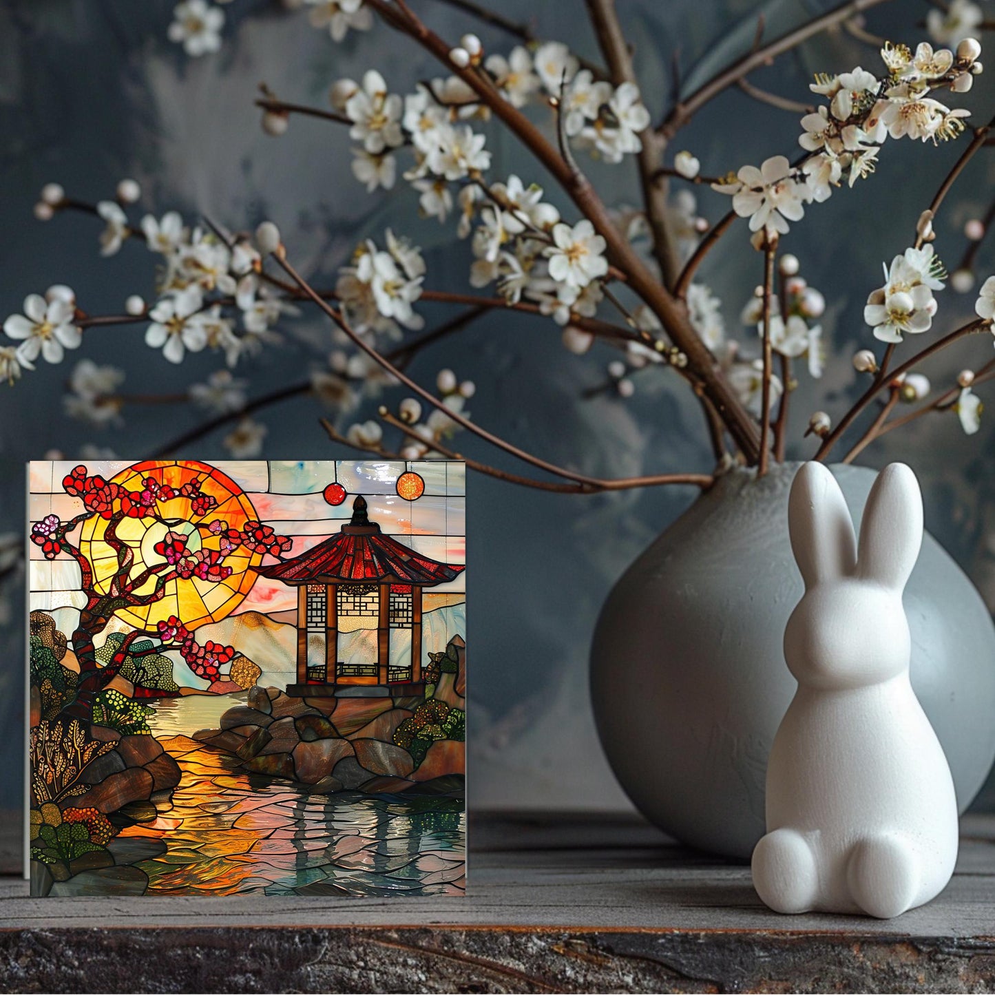 Japanese Garden Ceramic Tile, Stained Glass Style Wall Art for Unique Home Decor, Nature Inspired Gift for Garden Lovers