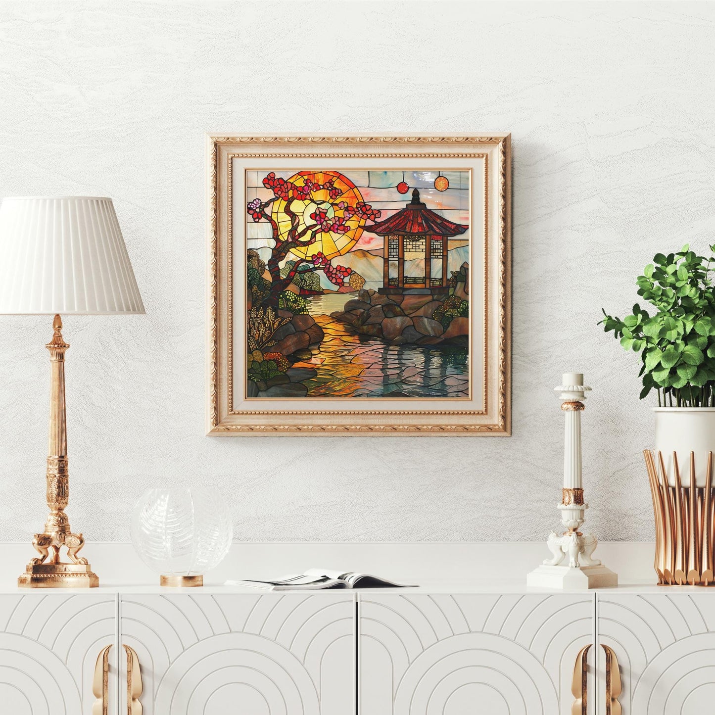 Japanese Garden Ceramic Tile, Stained Glass Style Wall Art for Unique Home Decor, Nature Inspired Gift for Garden Lovers