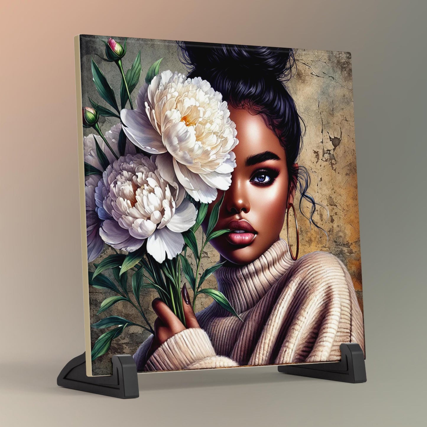 Black Woman with Flowers Ceramic Tile,  Trendy Wall Art Black Girl Art, Black Woman Wall Art, Black Girl Poster Art, African American Art