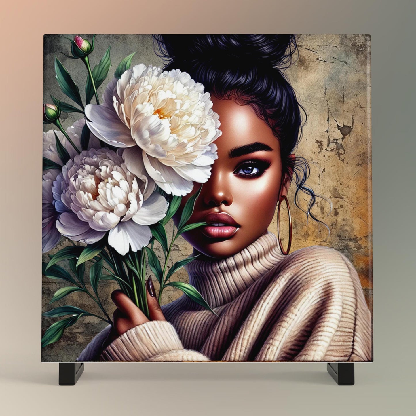 Black Woman with Flowers Ceramic Tile,  Trendy Wall Art Black Girl Art, Black Woman Wall Art, Black Girl Poster Art, African American Art
