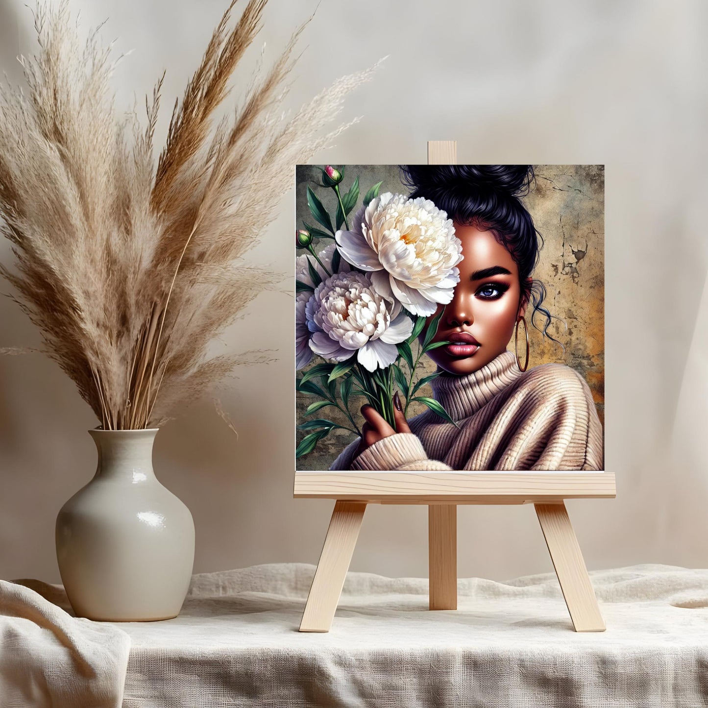 Black Woman with Flowers Ceramic Tile,  Trendy Wall Art Black Girl Art, Black Woman Wall Art, Black Girl Poster Art, African American Art