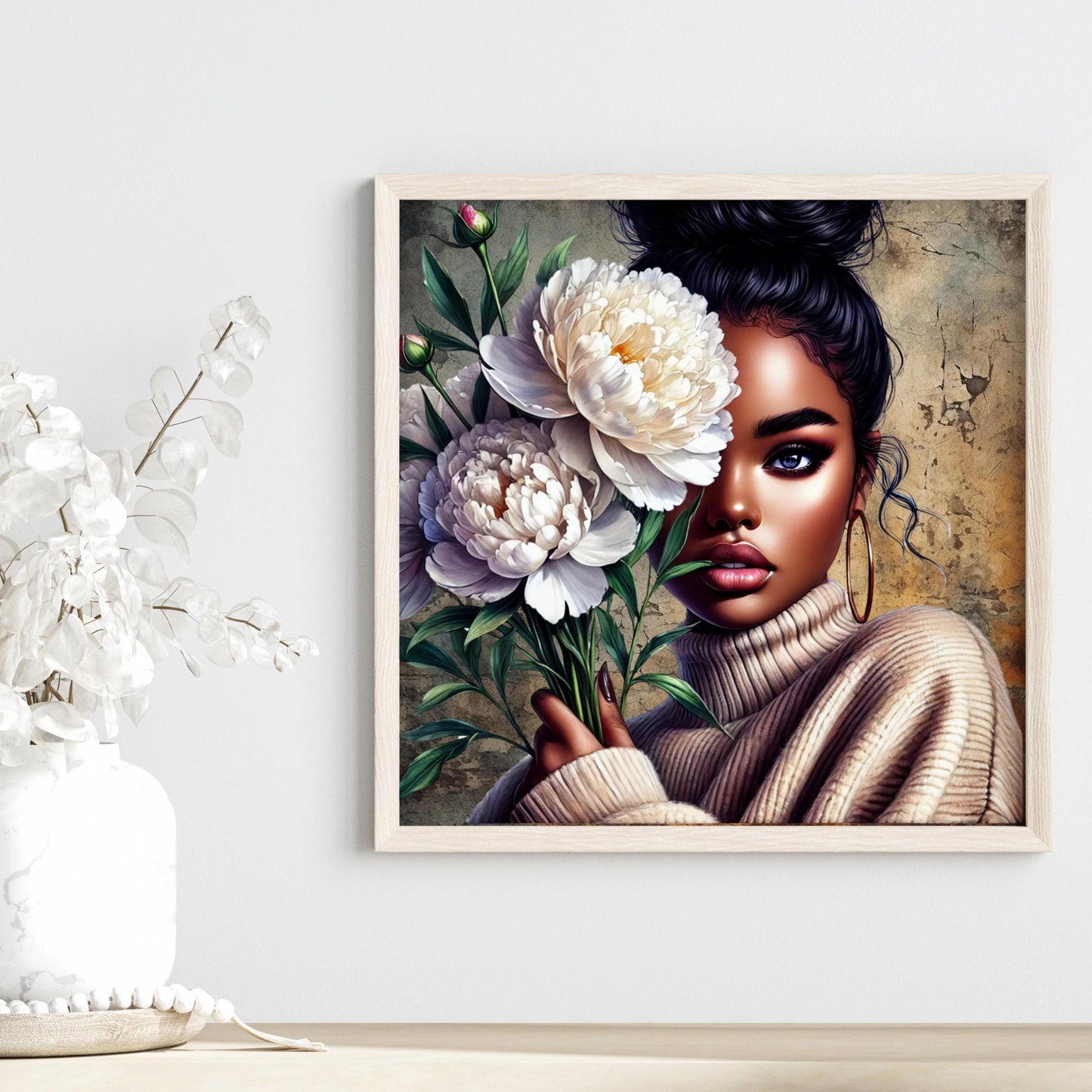 Black Woman with Flowers Ceramic Tile,  Trendy Wall Art Black Girl Art, Black Woman Wall Art, Black Girl Poster Art, African American Art