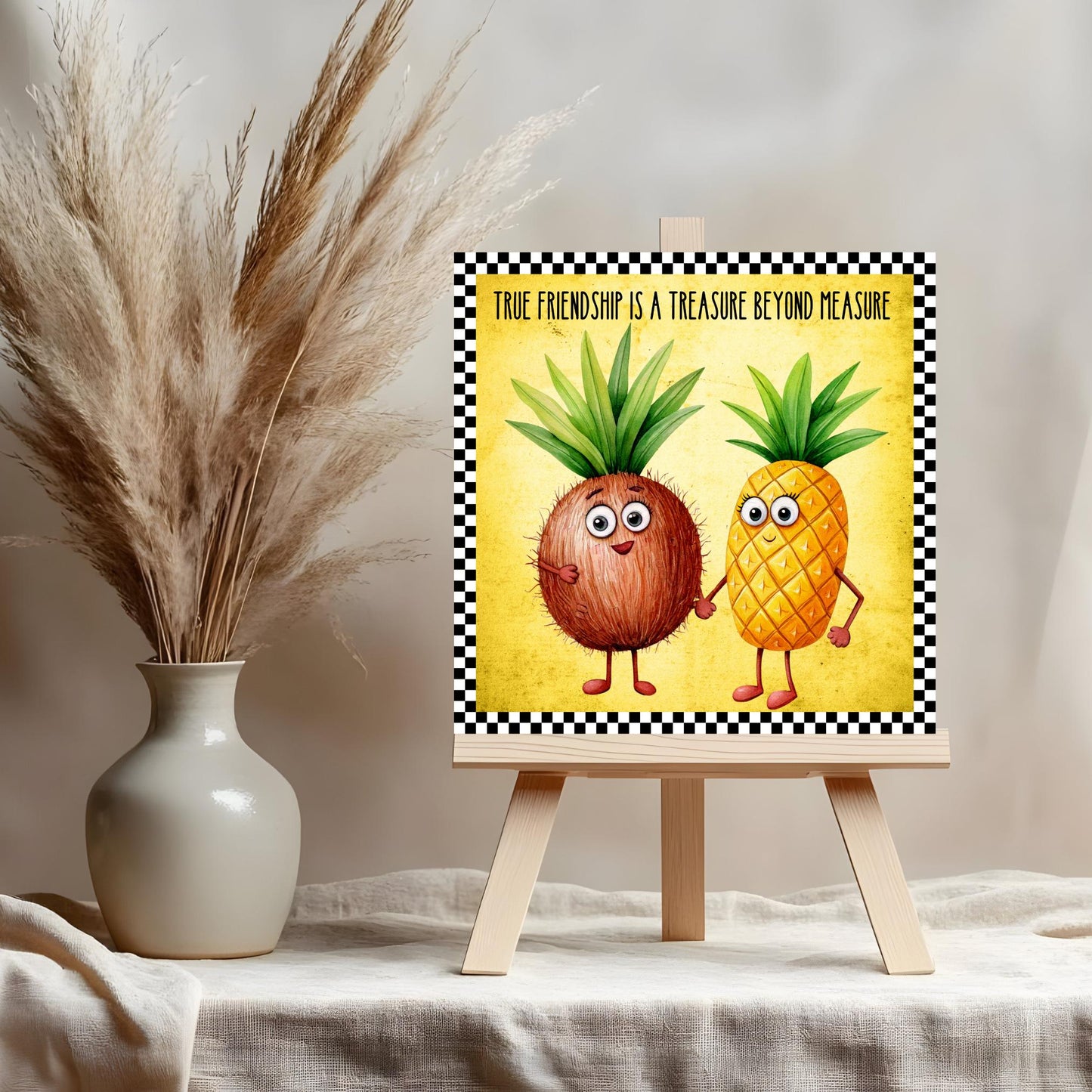 Fruit Wall Art Ceramic Tile, Whimsical Pineapple and Coconut Quote Print for Kitchen Decor, Friendship Gift Idea