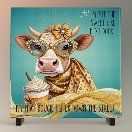 Funny Cow Ceramic Wall Art Tile, Sassy Quote Kitchen Decor - "I'm Not the Sweet Girl Next Door" Print for Humor Lovers