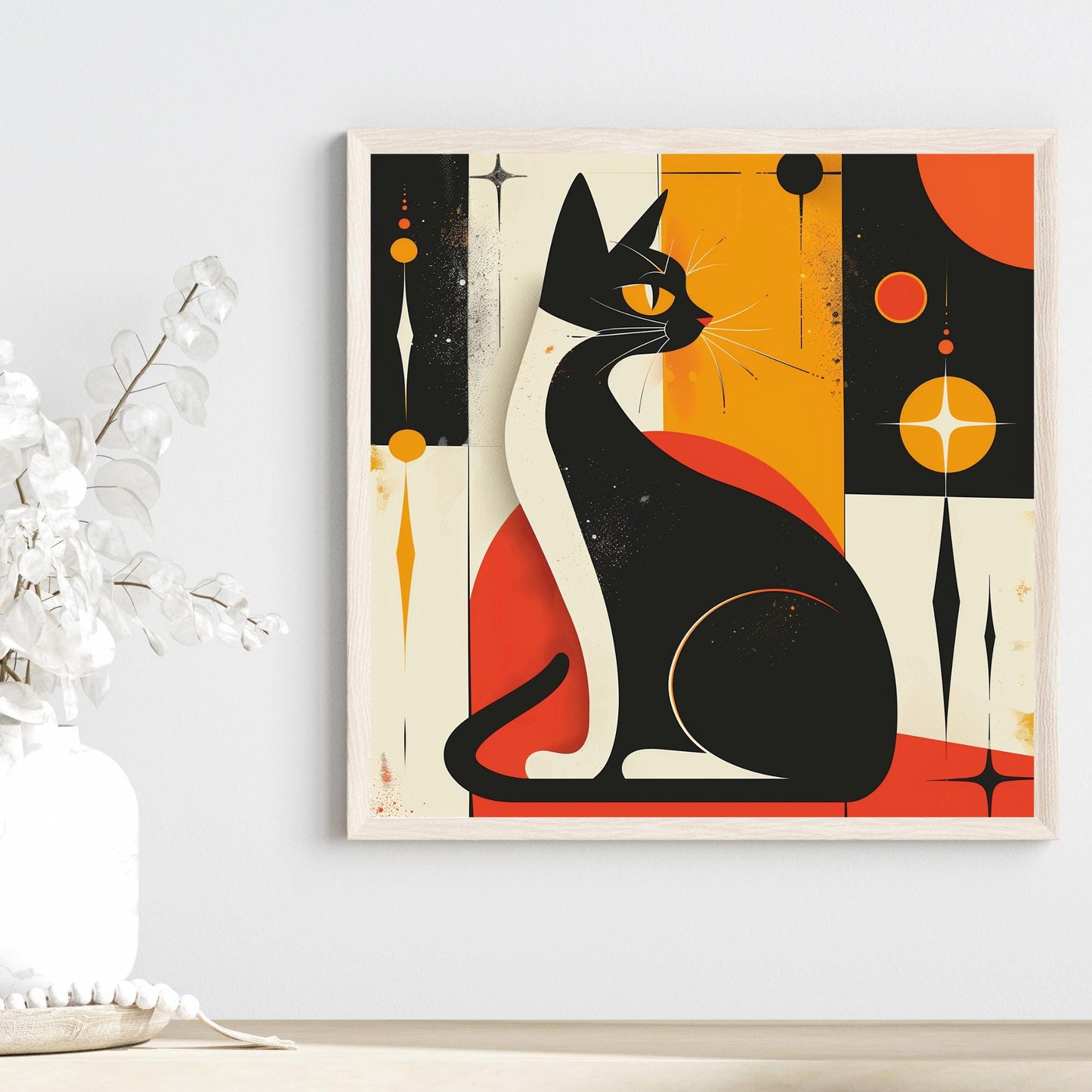 Mid-Century Art Ceramic Tile, Retro Cat Print Wall Hanging, Unique Home Decor for Cat Lovers, Perfect Gift for Cat Lovers