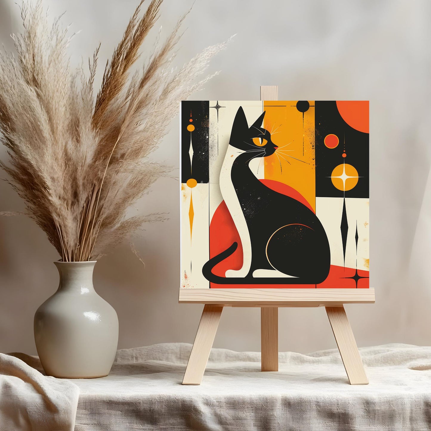 Mid-Century Art Ceramic Tile, Retro Cat Print Wall Hanging, Unique Home Decor for Cat Lovers, Perfect Gift for Cat Lovers