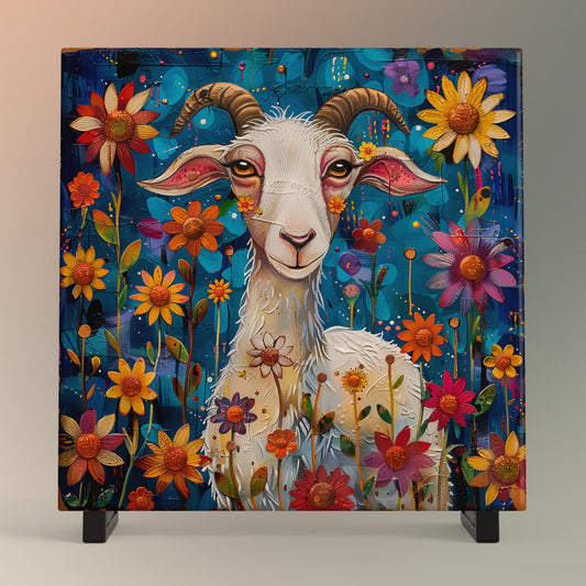 Whimsical Goat Ceramic Art on Tile, Folk Art Animal Decor, Farmhouse Style Print
