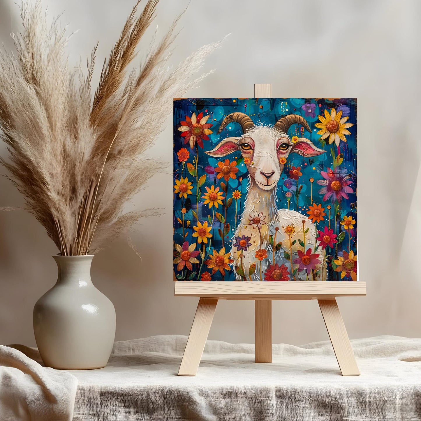 Whimsical Goat Ceramic Art on Tile, Folk Art Animal Decor, Farmhouse Style Print
