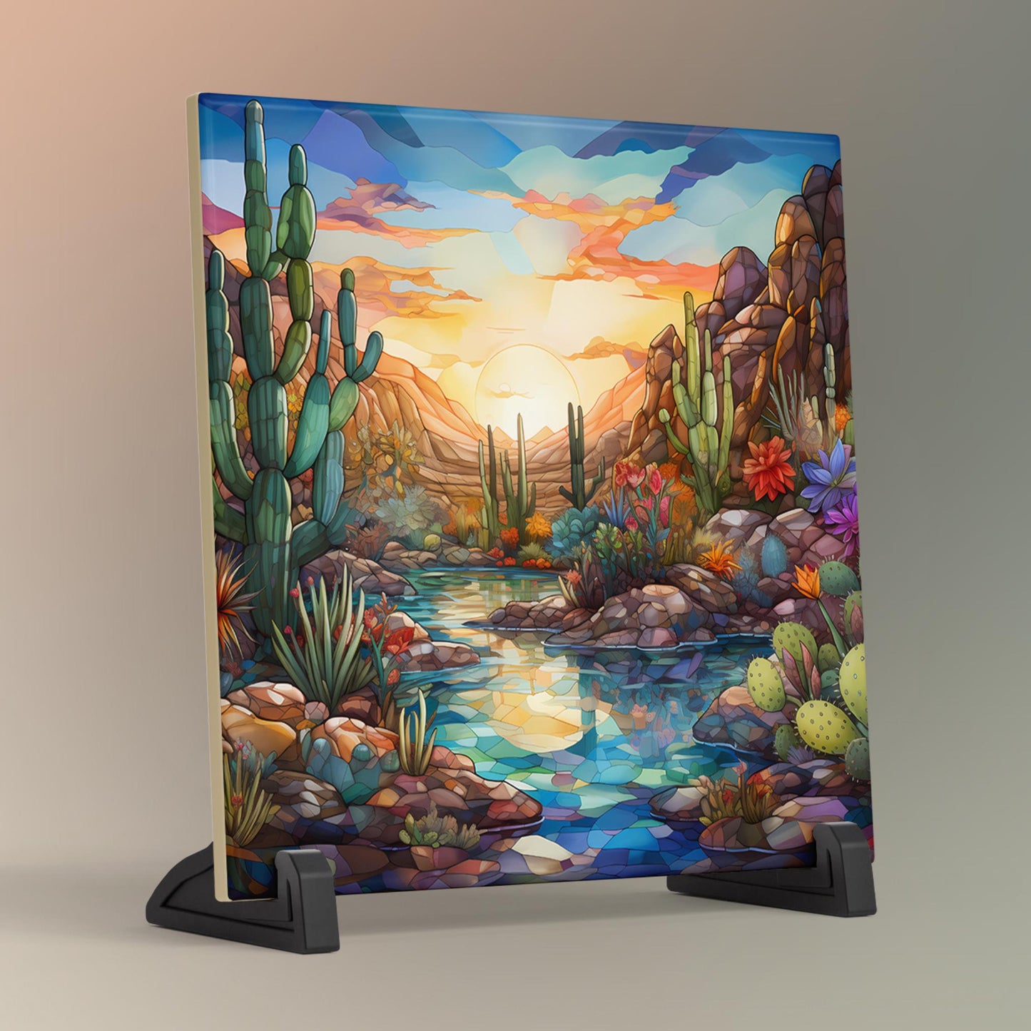 Desert Oasis Ceramic Tile, Stained Glass Print, Handmade Ceramic Wall Decor for Unique Home Accent, Perfect Nature Inspired Gift