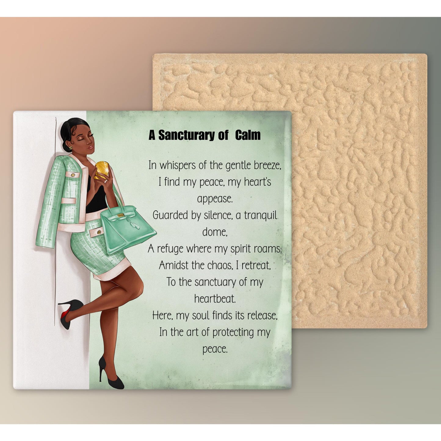 Self Care Black Woman Art Ceramic Tile | Protecting My Peace Print, Black Girl Quote, African American Home Decor