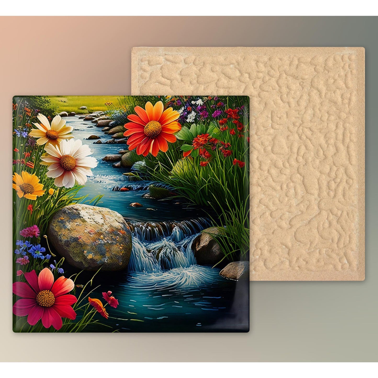 Colorful Wildflower Ceramic Tile, Tranquil Babbling Brook Nature Artwork, Great for Wall Art Display, Unique Gift for Garden Enthusiasts