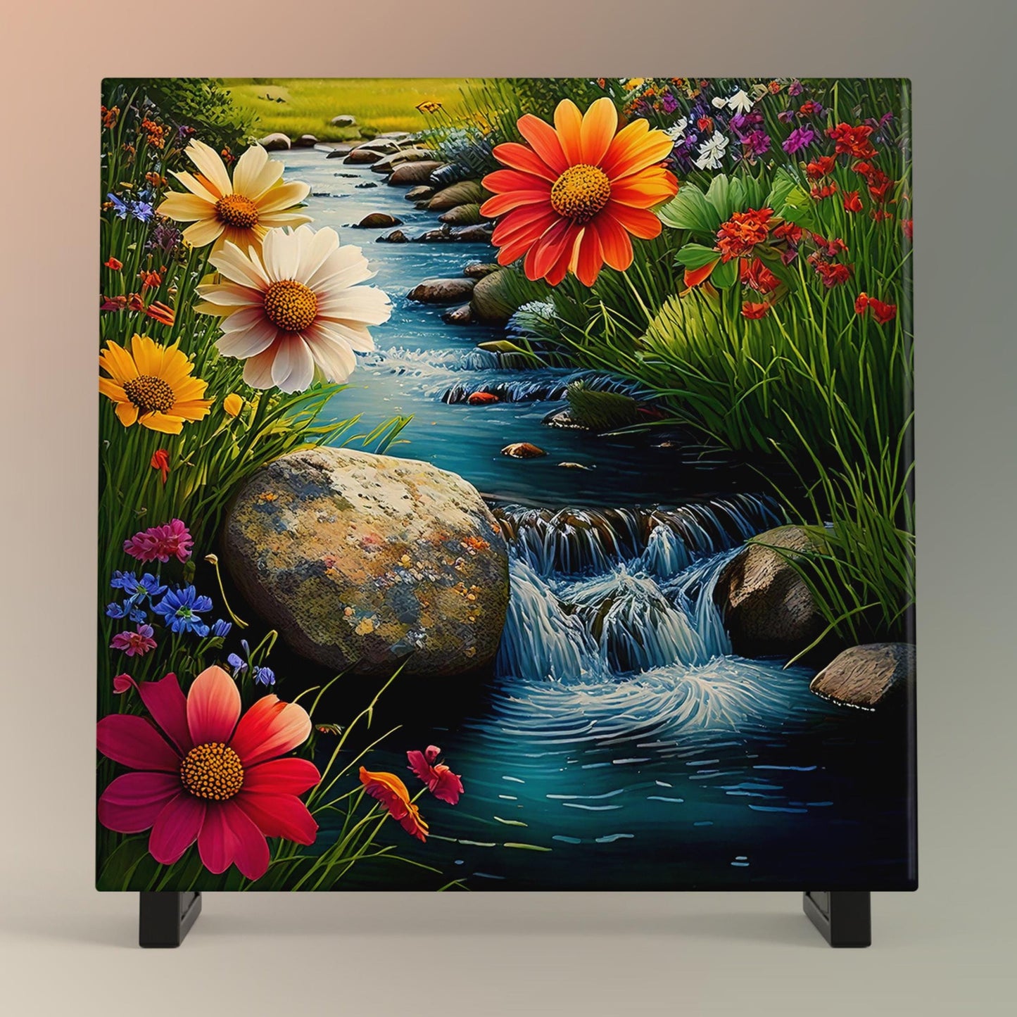 Colorful Wildflower Ceramic Tile, Tranquil Babbling Brook Nature Artwork, Great for Wall Art Display, Unique Gift for Garden Enthusiasts