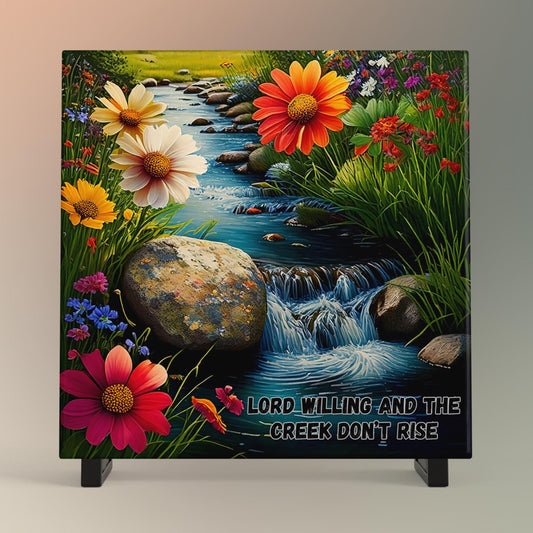 Lord Willing and the Creek Don't Rise Ceramic Tile, Christian Artwork, Tranquil Babbling Brook Nature Artwork, Wildflower Art