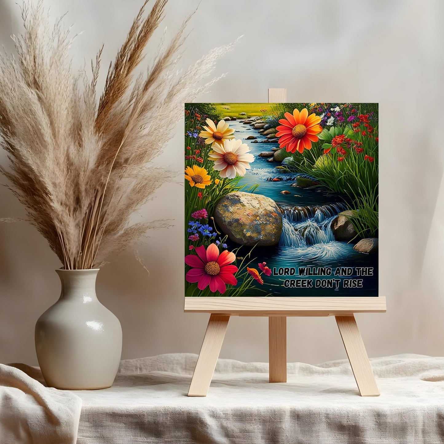Lord Willing and the Creek Don't Rise Ceramic Tile, Christian Artwork, Tranquil Babbling Brook Nature Artwork, Wildflower Art