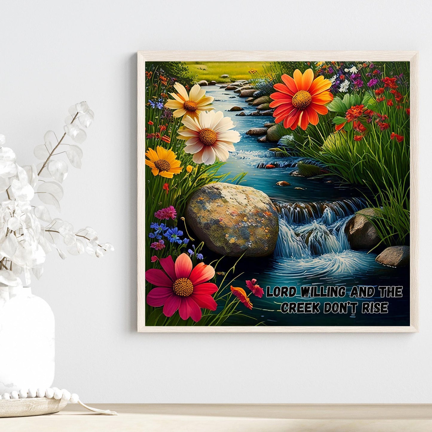 Lord Willing and the Creek Don't Rise Ceramic Tile, Christian Artwork, Tranquil Babbling Brook Nature Artwork, Wildflower Art