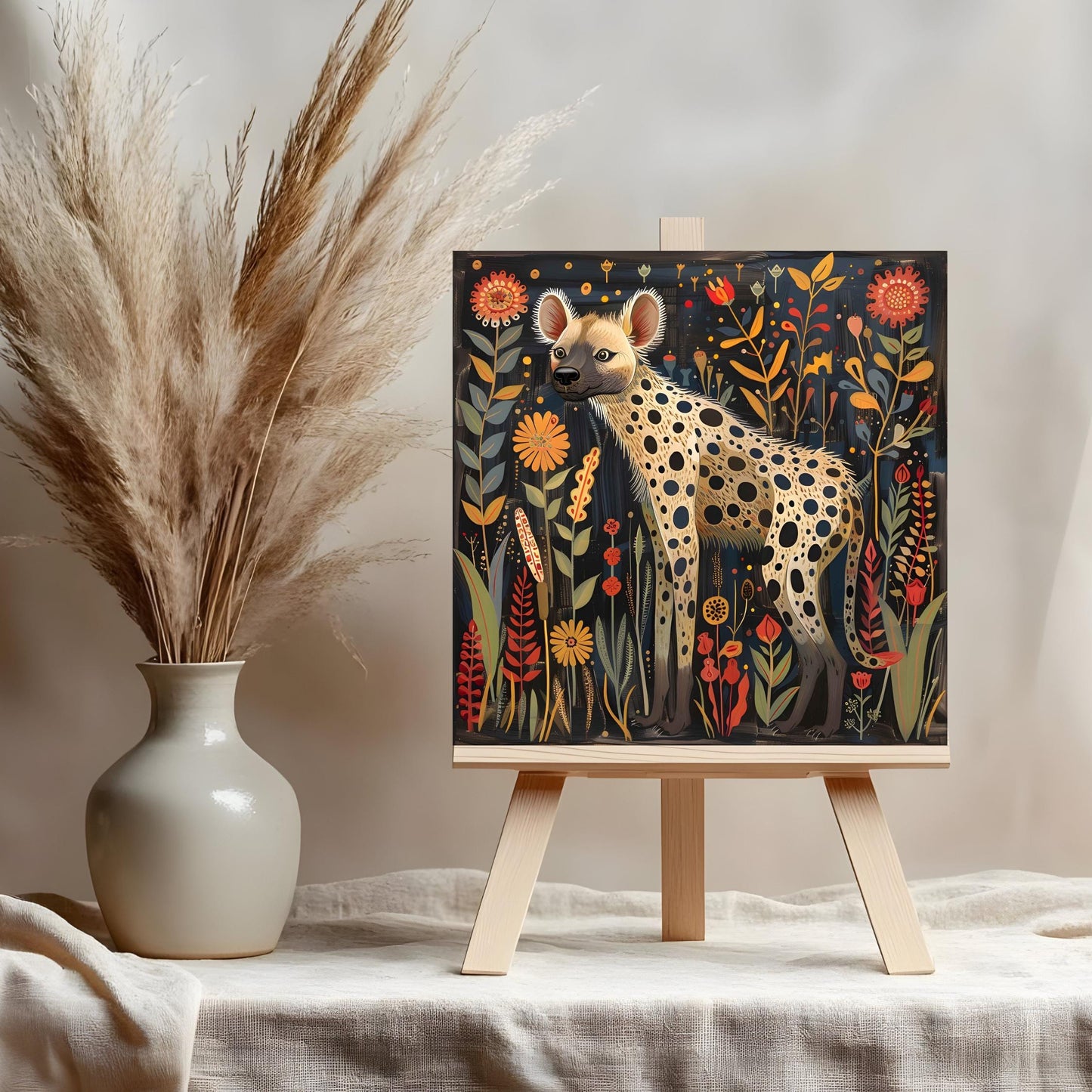 African Animals Ceramic Art Tile, Hyena Folk Art Design for Unique Boho Home Decor, Perfect Gift for Animal Lovers, African Art