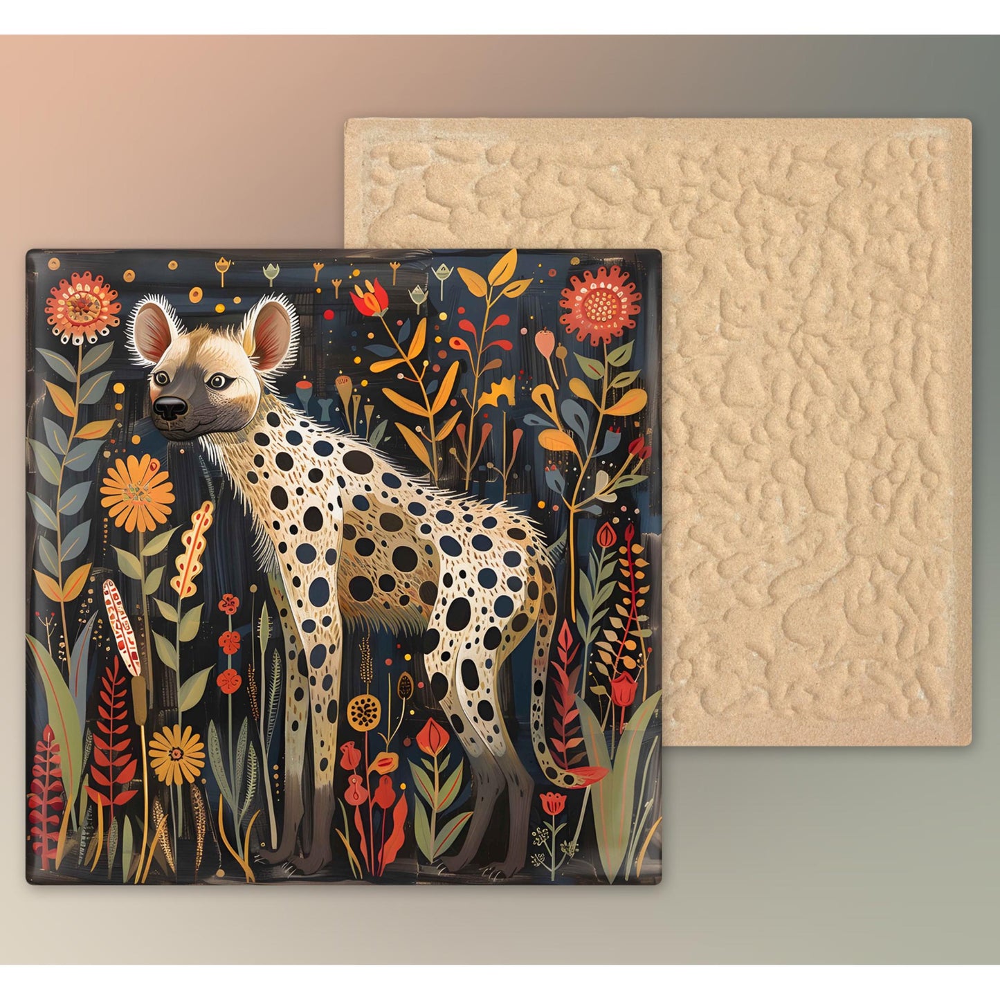 African Animals Ceramic Art Tile, Hyena Folk Art Design for Unique Boho Home Decor, Perfect Gift for Animal Lovers, African Art