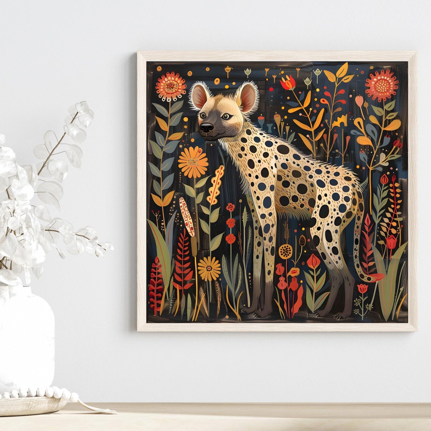 African Animals Ceramic Art Tile, Hyena Folk Art Design for Unique Boho Home Decor, Perfect Gift for Animal Lovers, African Art