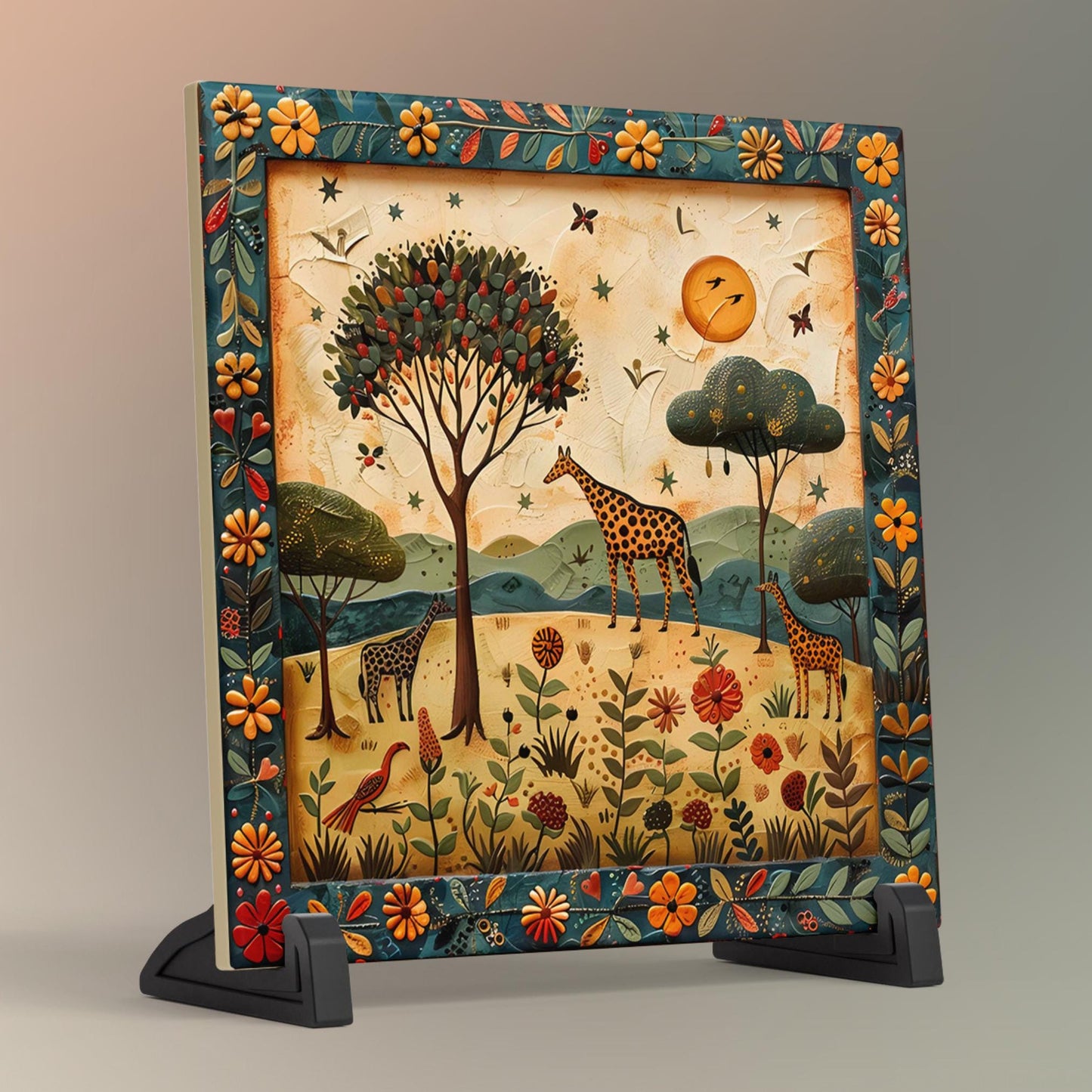 African Safari Ceramic Tile, Folk Art Wildlife Artwork Home Decor, African Aesthetic Spring Decor