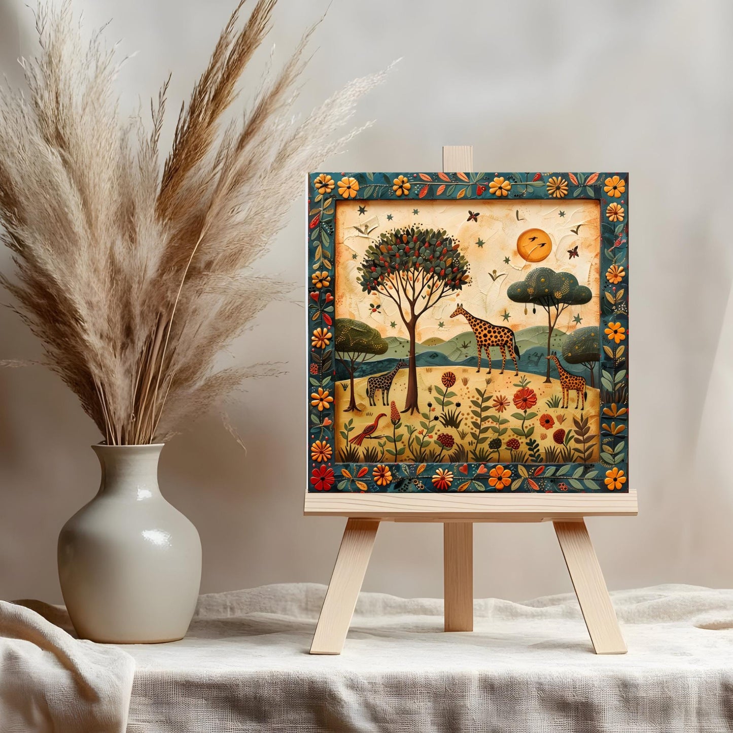 African Safari Ceramic Tile, Folk Art Wildlife Artwork Home Decor, African Aesthetic Spring Decor