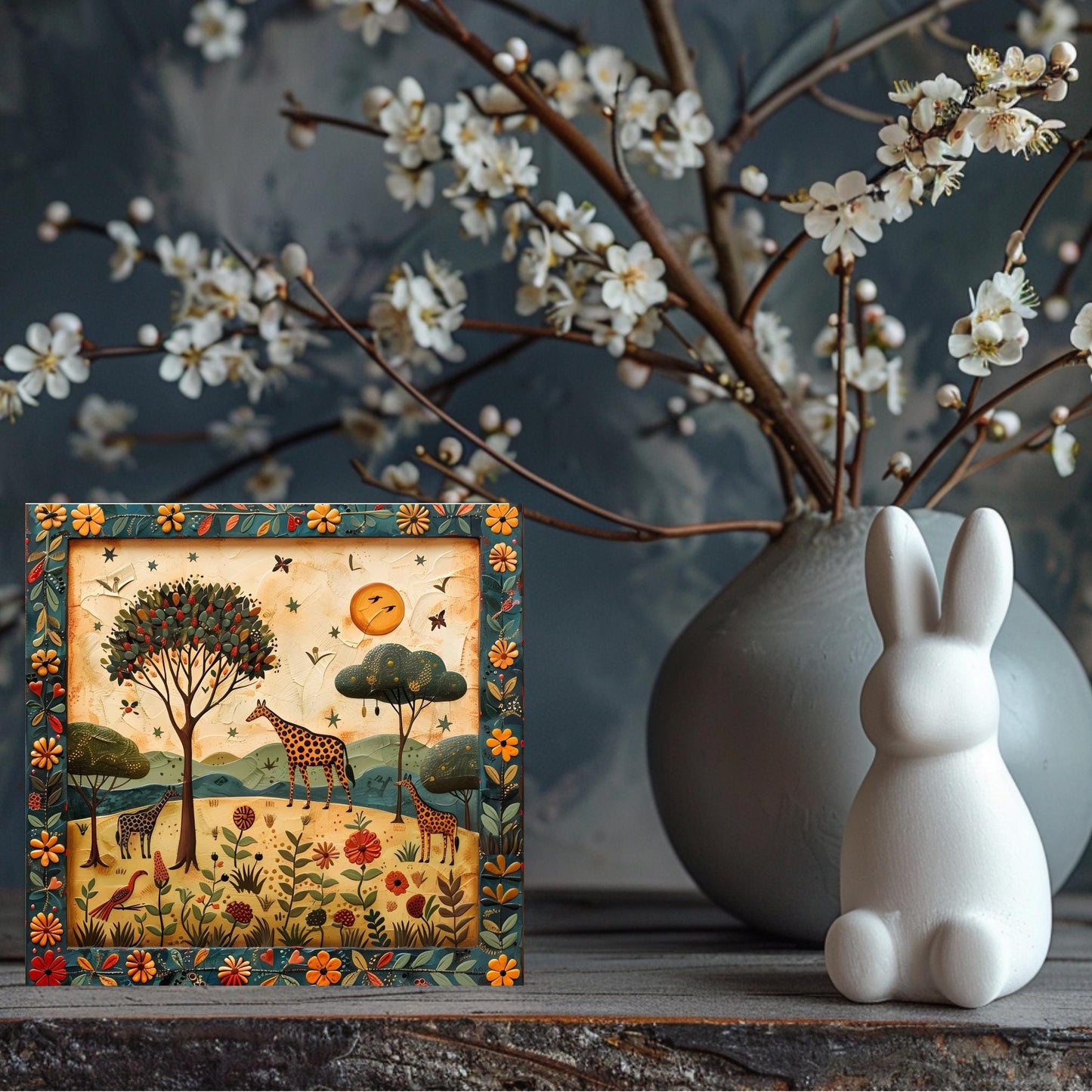 African Safari Ceramic Tile, Folk Art Wildlife Artwork Home Decor, African Aesthetic Spring Decor